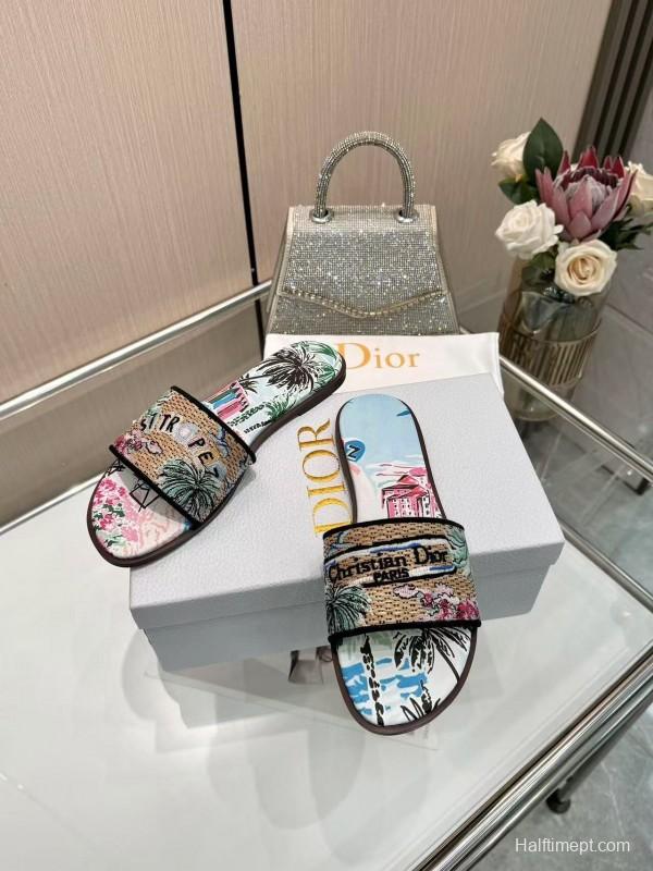 Dior 2025 SS CD Embroidered Monogram Slippers with Sheepskin Lining - LY00200
