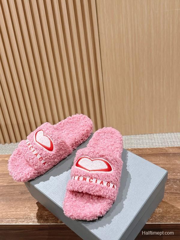 Balenciaga 2025 SS Qixi Limited Series Letter Embroidery Platform Shearling Slippers - AS00200