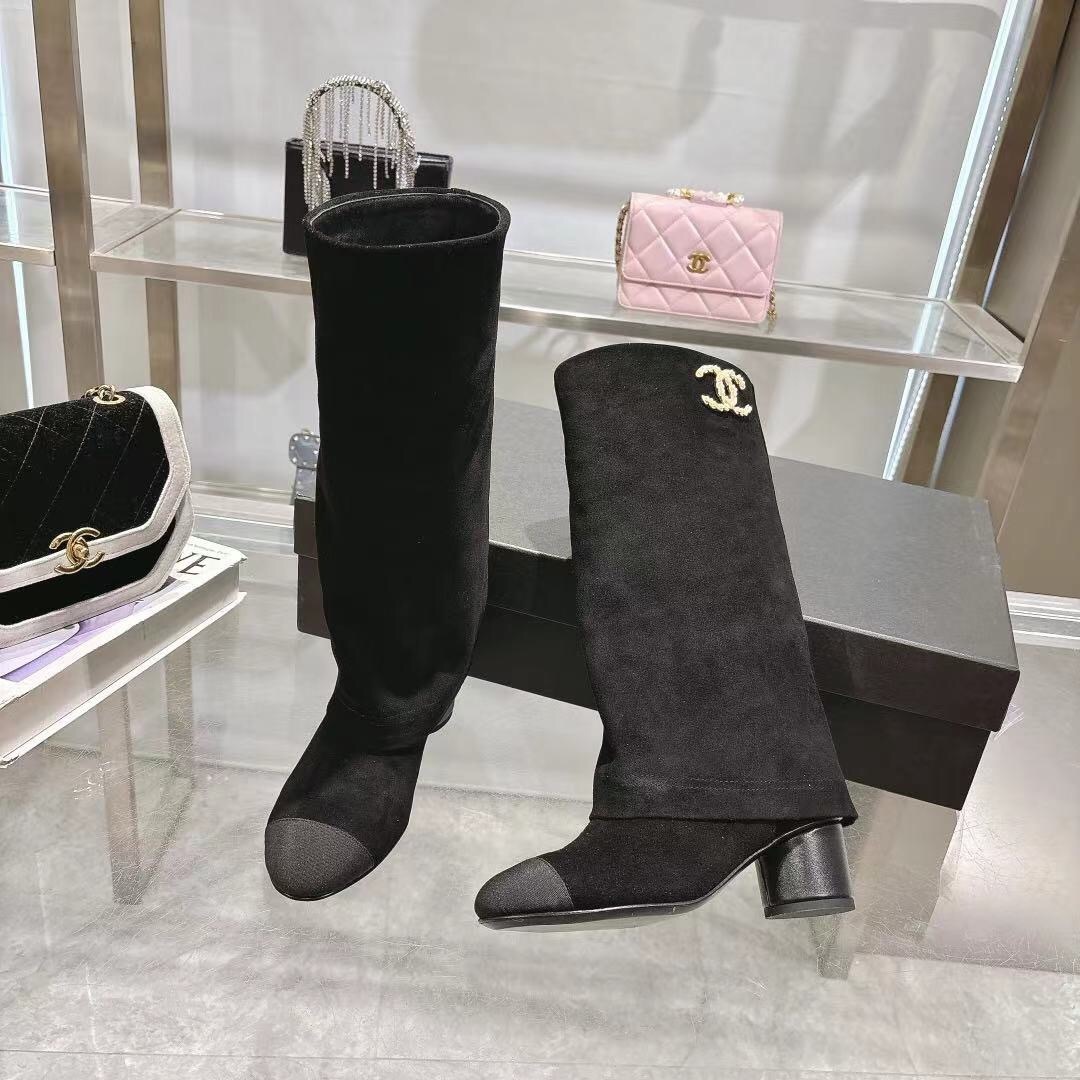 Chanel 2025/SS Small Fragrance Autumn Winter Runway Turned-Cuff Block Heel Straight Leg Boots - LY00510