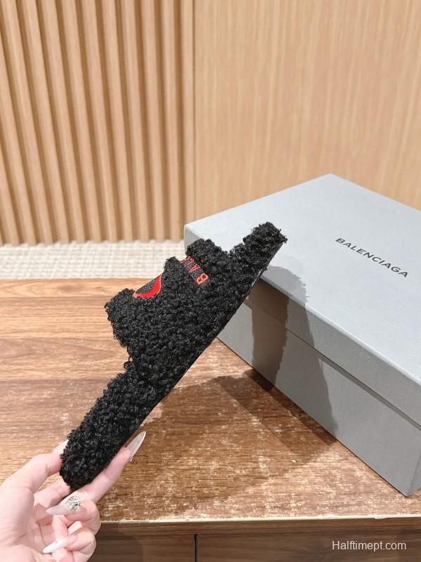 Balenciaga Paris World Limited Edition Series Embroidered Platform Shearling Slippers - AS00200