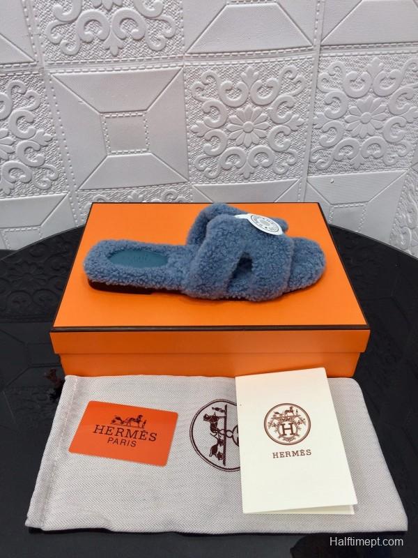 H Teddy Wool H Slippers Flat Sole Autumn Winter - LY00240