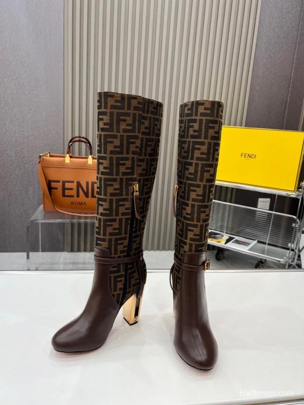 FENDI Delfina Round Toe Boots with FF Buckle and Heel Detailing - LY00