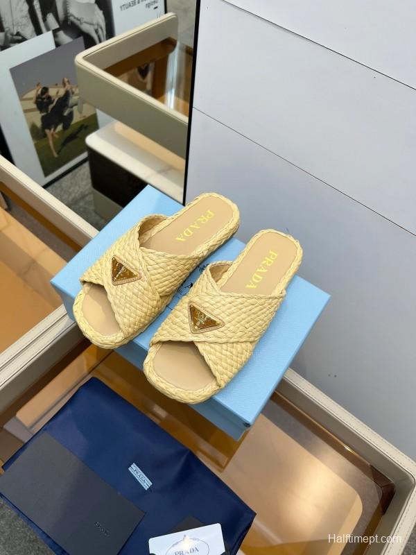 Prada Raffia Handwoven Cross Sandals 2025SS - KFY00260