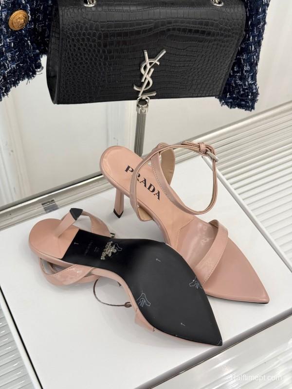 Prada 2025 SS Pointed Toe High Heel Sandals with Triangle Buckle - KFY00280