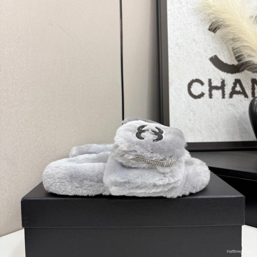 Chanel Fluffy Slippers Latest Color Design with Rubber Sole - LY00270