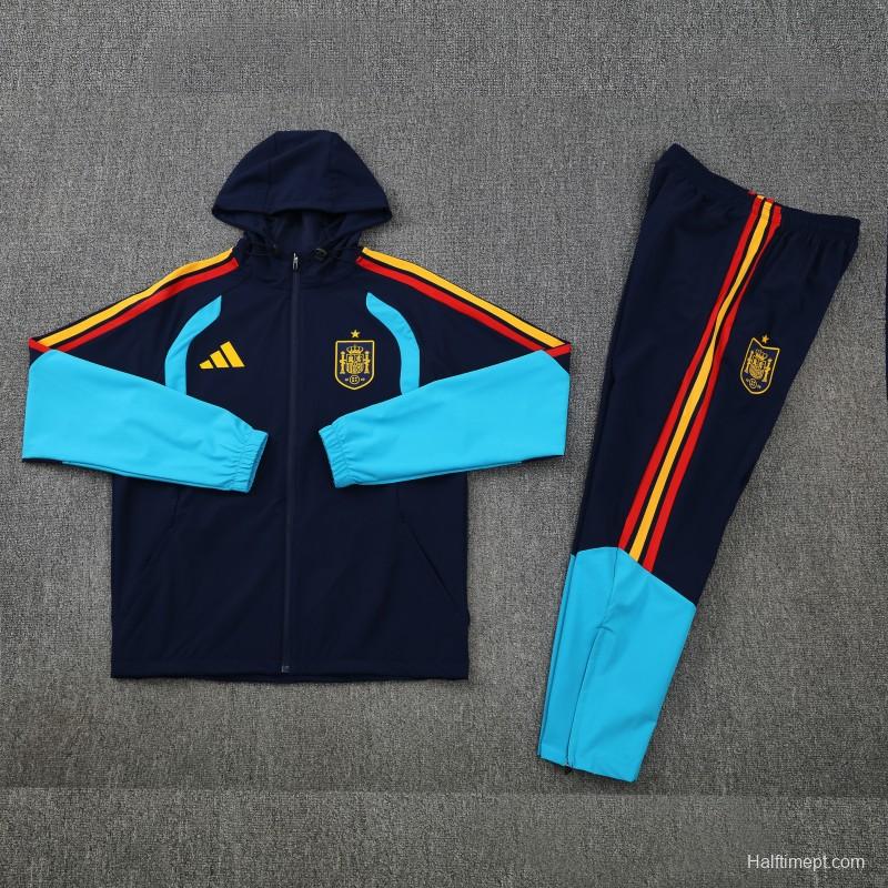 26/27  Spain Navy Blue & Light Blue Full Zipper Hooded Jacket Tracksuit + Long Pants