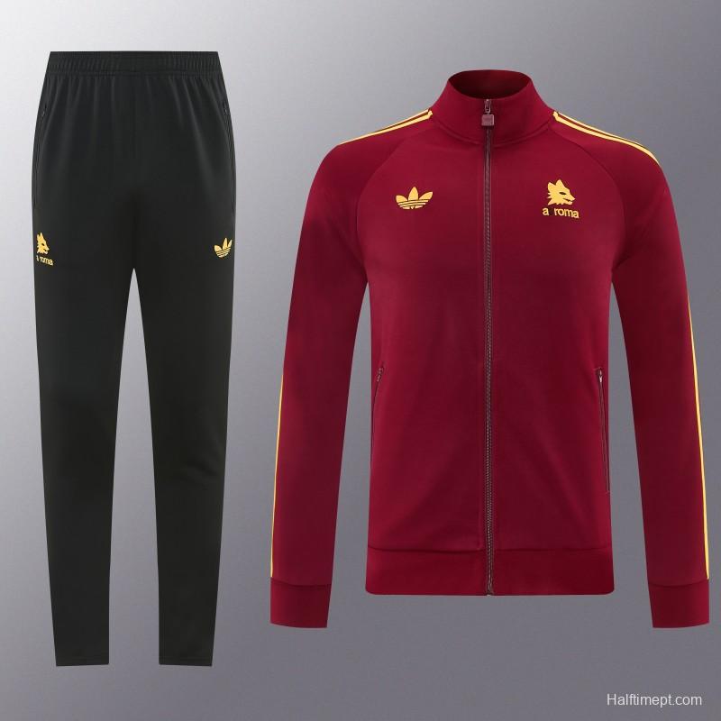 2026/27 AS Roma Burgundy & Gold Full Zipper Jacket Tracksuit +Black  Long Pants
