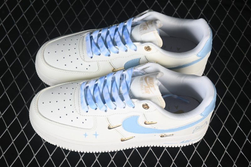 Nike Air Force 1 '07 Low 'Ocean Blue' Hand-Painted Sneakers with Diamond and Rose Motifs - FV3654-311