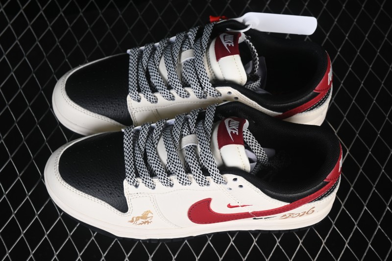 Nike SB Dunk Low Year of the Horse White Black Red Three Swooshes Premium Custom Low Top Skateboarding Shoes - MY9969-905