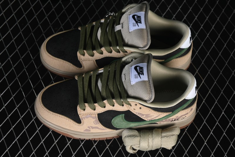 Nike SB Dunk Low Khaki Black Green Swoosh Skateboarding Shoes - HJ0367-200