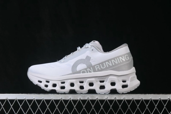 On Cloudmonster 3 Cushioned Running Shoes – White/Grey with Silver-Grey Logo