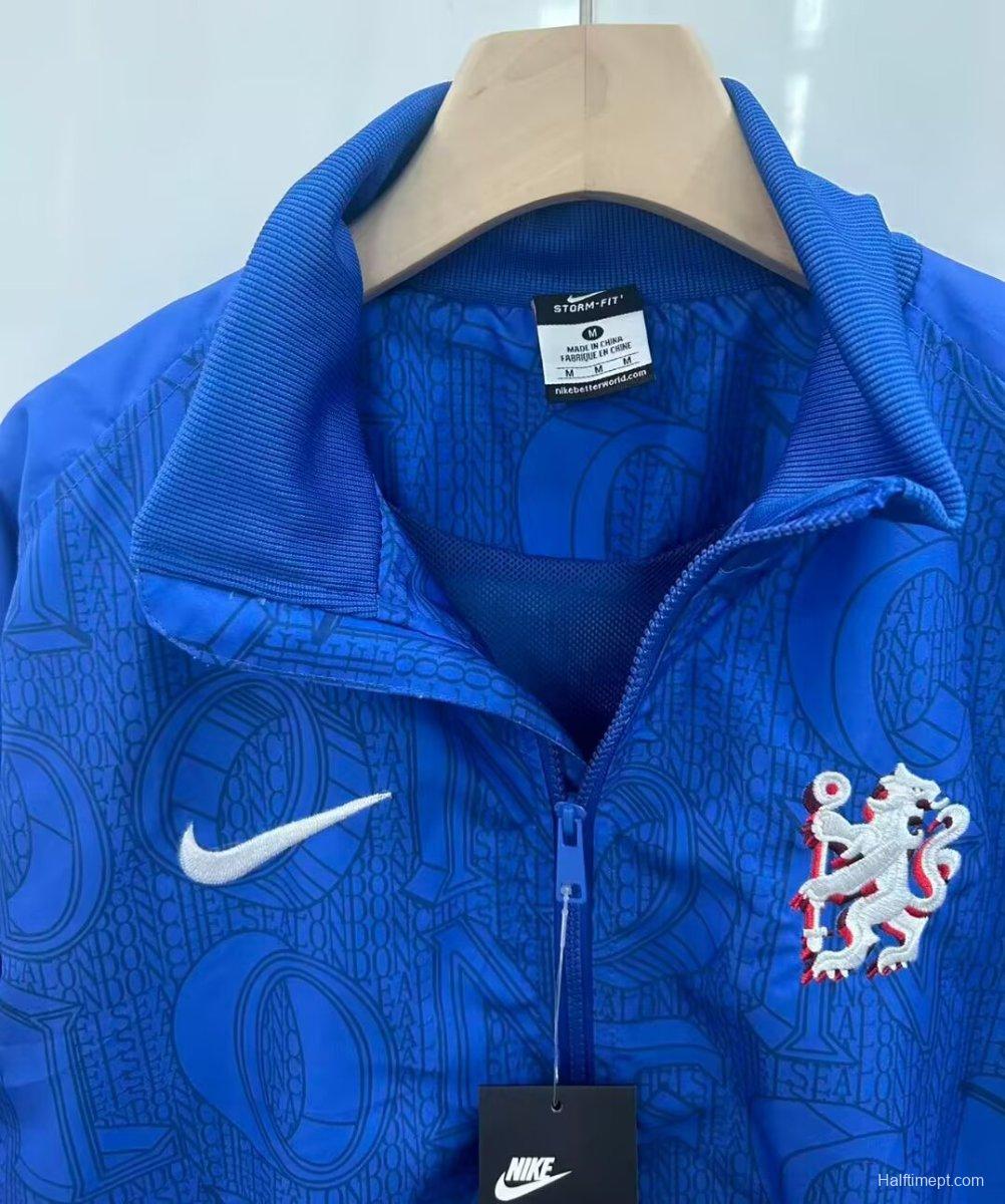 25/26 Chelsea FC Blue with All-Over London Text Pattern Full Zipper Windbreaker